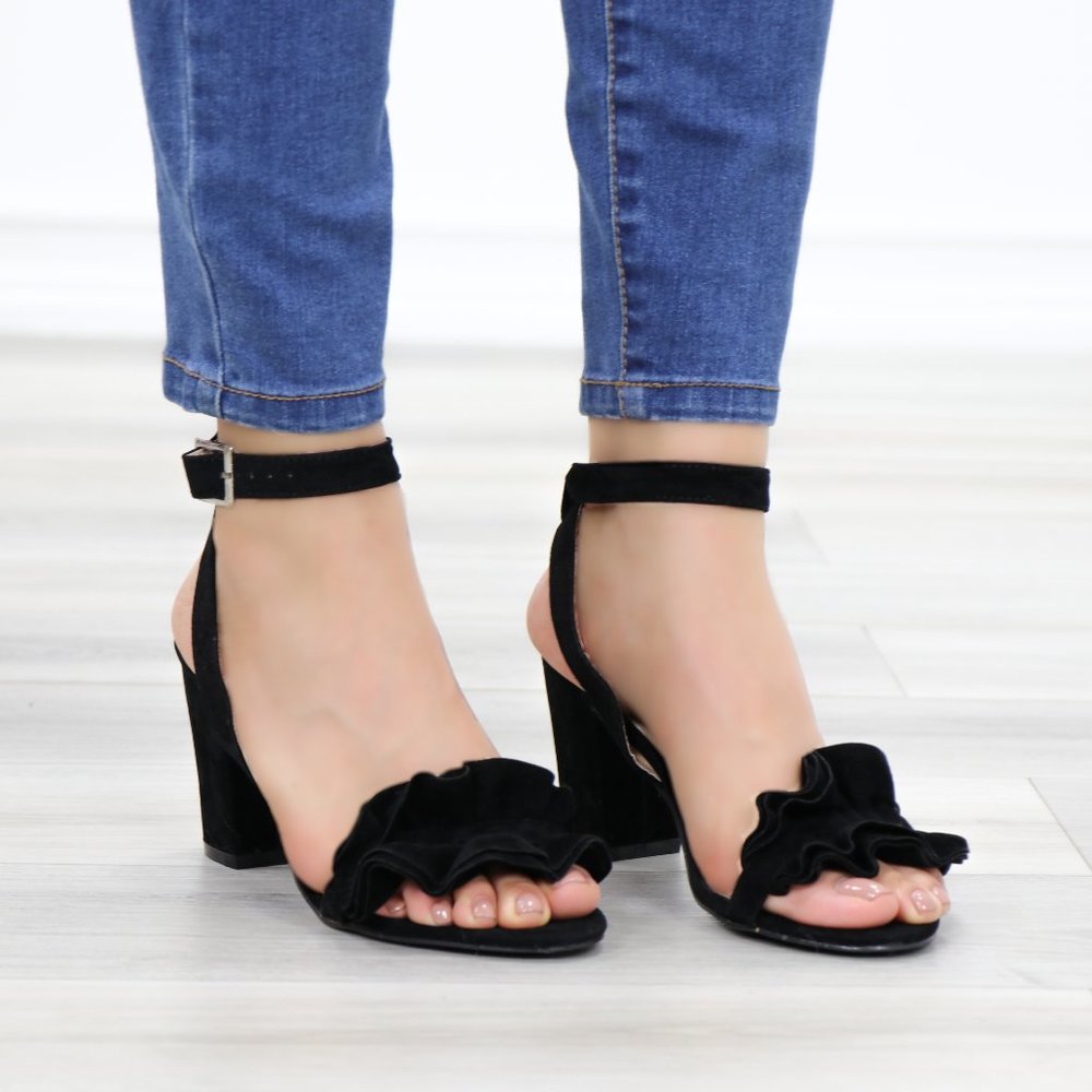 Suede Black Chunky Heel Open Ruffle Toe Sandal - Picture 9 of 10